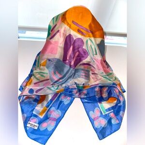 KEN DONE Vintage Vtg 100% Silk Colourful Scarf of Birds Pastel Colours